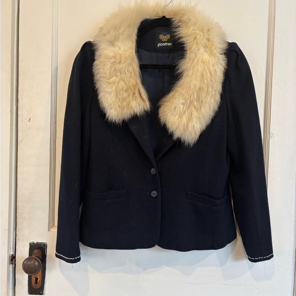 Stunning Vintage Wool Blazer with Fur Collar and Hand-beaded Sleeves